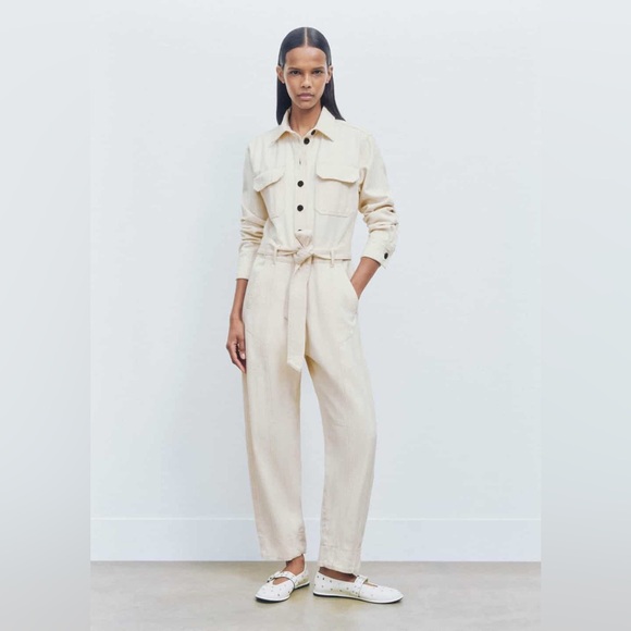 ME+EM Cotton Herringbone Utility Jumpsuit Ecru Women's Size US 6 EUC